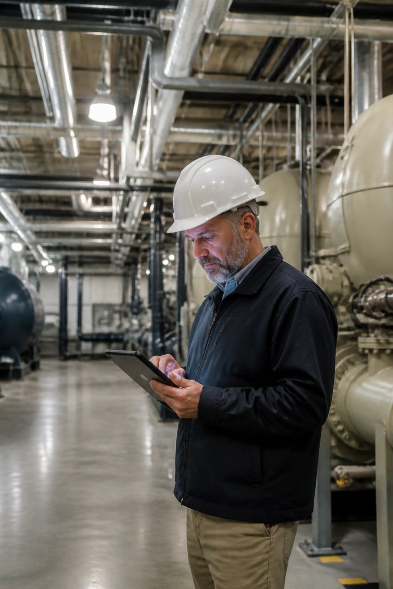 Facility manager reviewing maintenance checklists on a tablet to scale facility operations in a mechanical room.