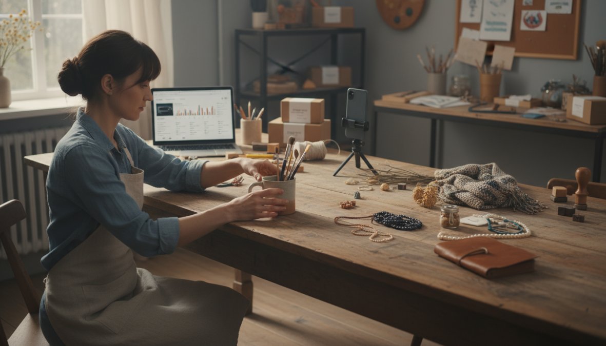 A young woman small business owner photographing handmade ceramic products on a styled flat-lay surface with a smartphone mounted on a tripod, soft natural light from a nearby window, and a laptop showing an ecommerce dashboard open in the background
