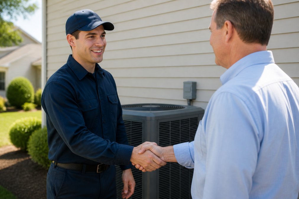 An HVAC technician in a clean uniform smiling while shaking hands with a homeowner in front of a residential air conditioning unit on a sunny day