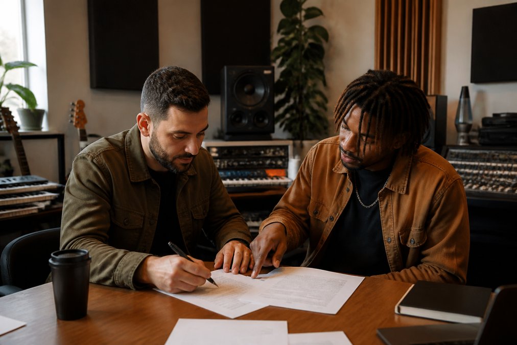 Music producer and label manager sitting at desk reviewing artist contract documents and discussing terms in professional studio setting with natural lighting