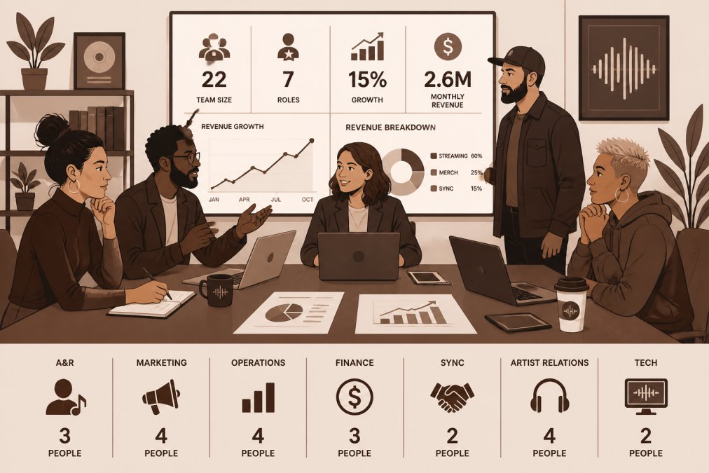 Diverse team of music industry professionals collaborating around conference table with laptops, discussing growth strategy and business metrics in modern office setting