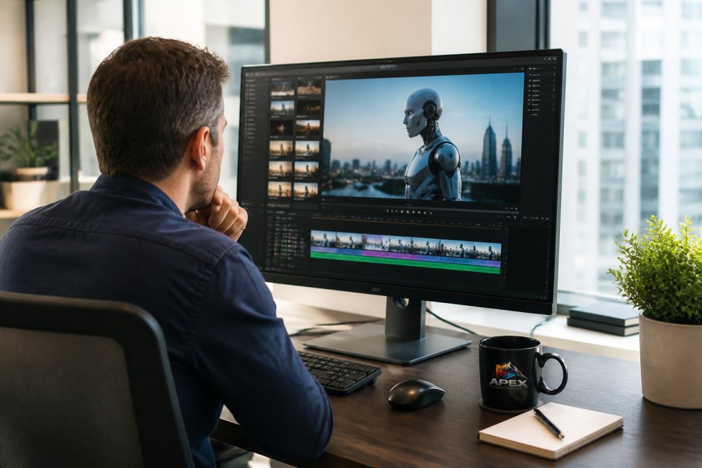 A marketing manager at a desk reviewing AI generated video content on a large monitor in a bright modern office, with a notebook and coffee nearby