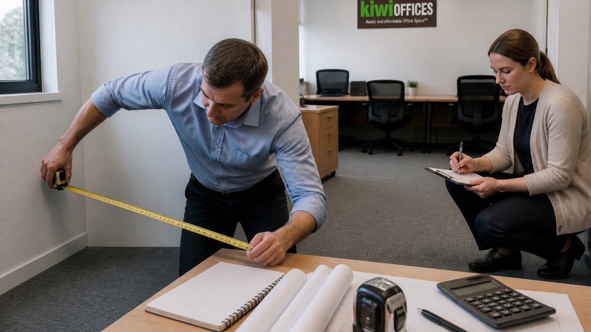 Business owner using a tape measure to scale office space while a colleague records the dimensions on a clipboard