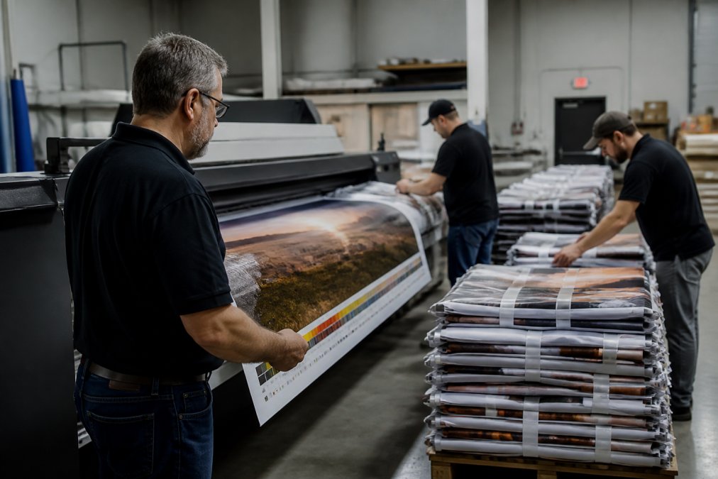 Print manager reviewing color proofs at a press to scale print production across multiple locations.