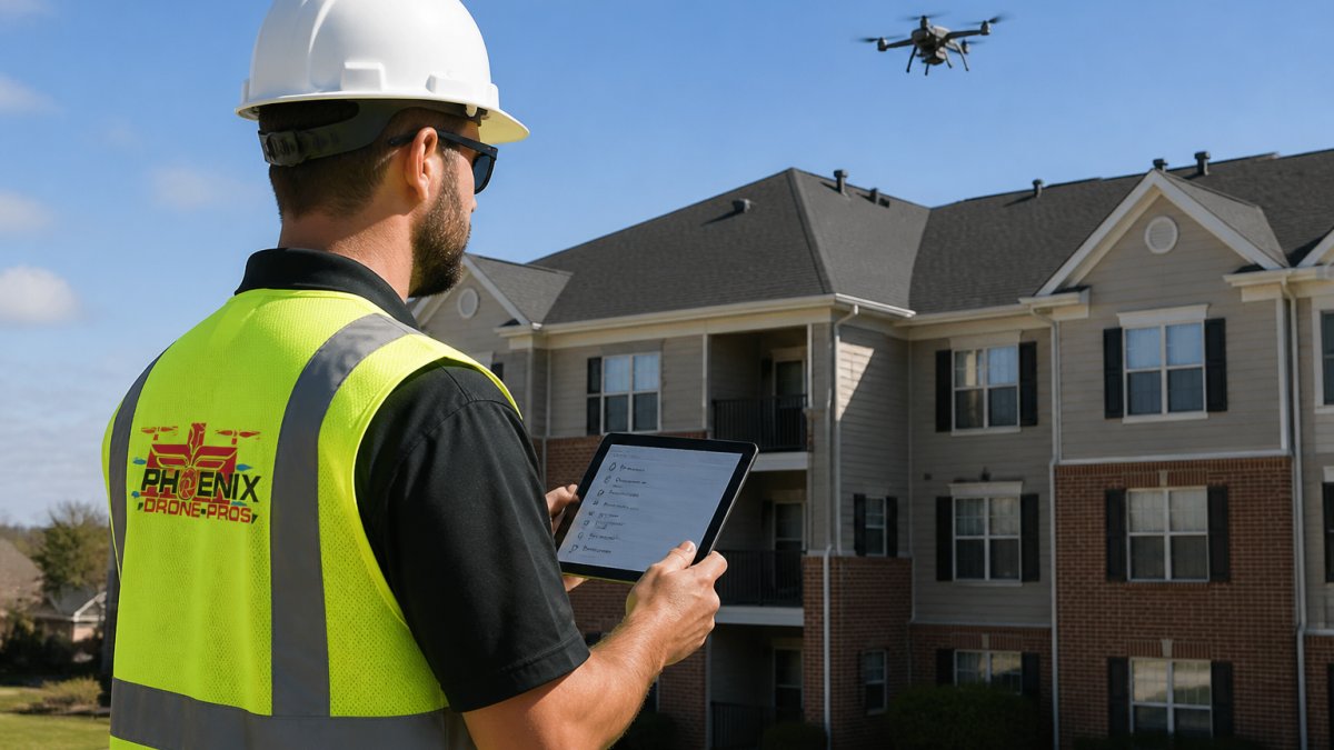 A property manager in a hard hat and safety vest standing outside a multifamily apartment building, holding a tablet and reviewing inspection notes while a drone hovers above the roofline in the background