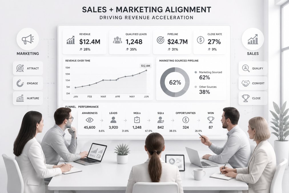 Cross-functional team of sales and marketing professionals collaborating at a conference table reviewing performance dashboards on a large monitor in bright modern office