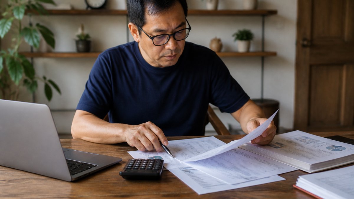 A small business owner reviewing financial spreadsheets and a laptop with a calculator on a wooden desk in a home office