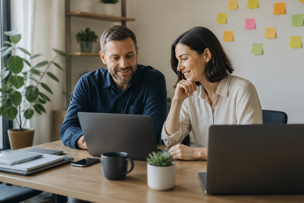 A small business owner and a marketing colleague reviewing a content calendar on a laptop in a bright home office, with sticky notes on a wall behind them