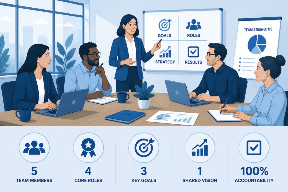 Diverse team of business professionals collaborating at wooden conference table with laptops and notebooks, discussing strategy with whiteboards visible in background, modern office with natural lighting from large windows