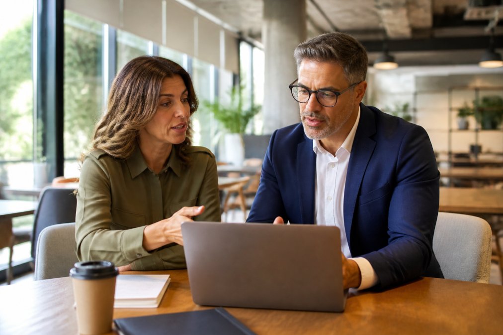 Business consultant and entrepreneur discussing growth strategy over a laptop in a professional consulting office with natural sunlight streaming through windows