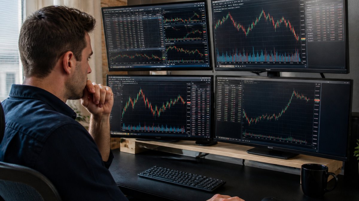 Focused trader at desk reviewing trading charts and account metrics on multiple monitors, showing disciplined concentration and data-driven decision-making