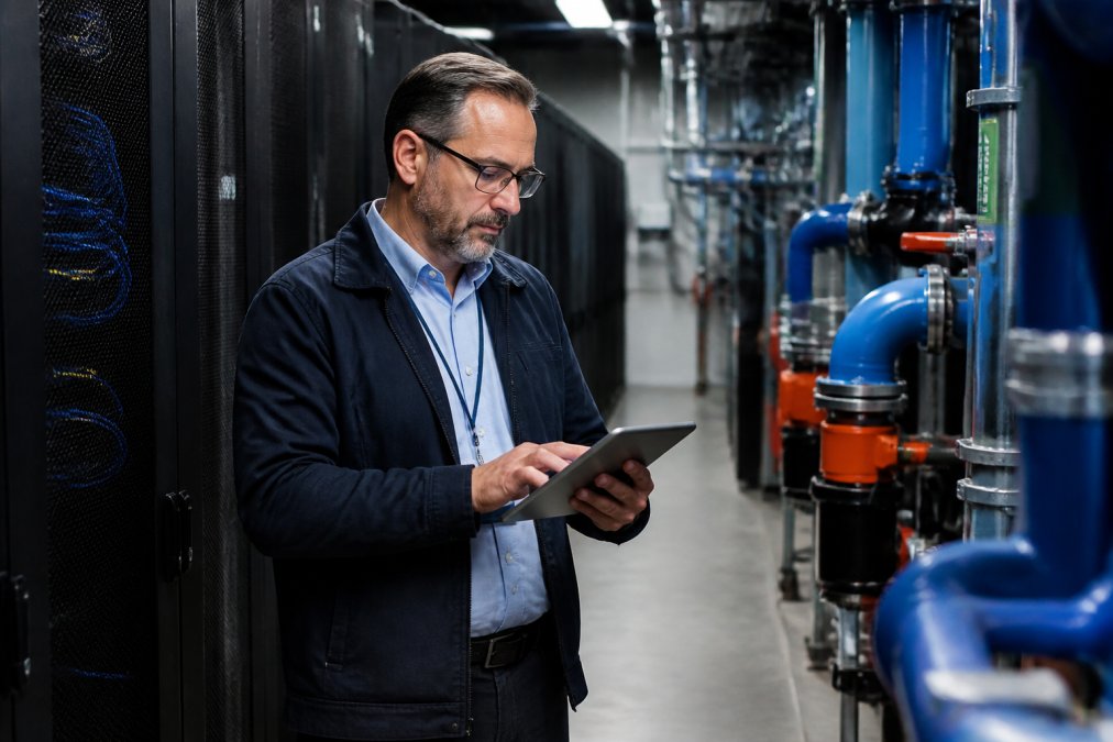 Operations manager analyzing water usage data on a tablet to scale water supply for a data center server room.