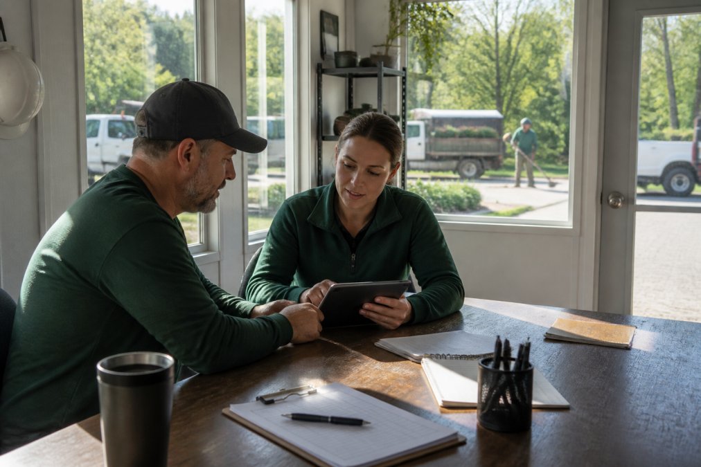 Small landscaping business owner meeting with new office manager in field office, reviewing job schedules and assignments on a tablet with natural sunlight through windows