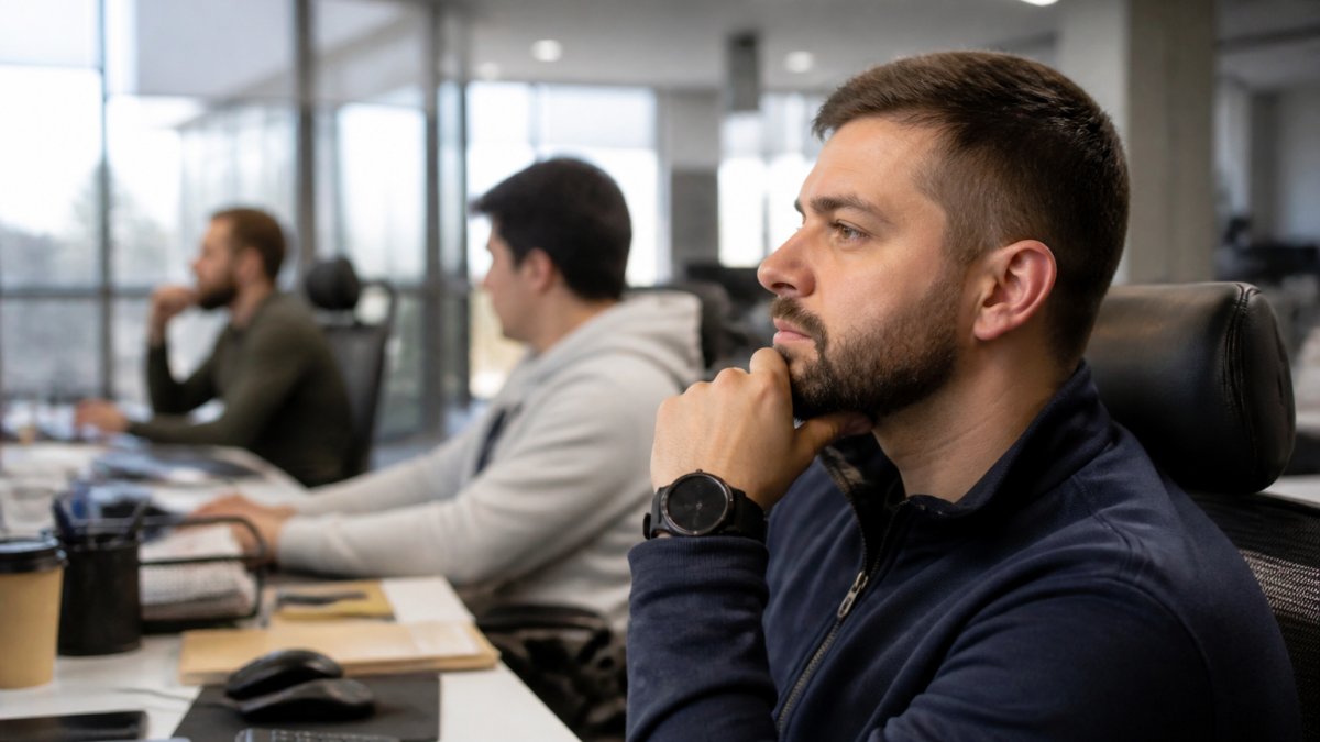Operations manager monitoring real-time player analytics on multiple screens in a modern gaming operations center with natural office lighting