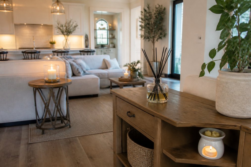 Diagram showing how to scent a large open space by layering candles, reed diffusers, and warmers across zones.