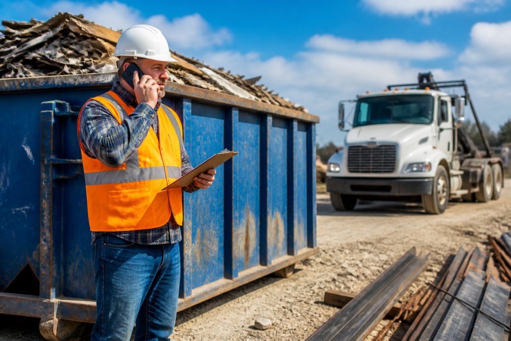 A construction site manager in a hard hat and safety vest standing next to a full roll-off dumpster, holding a clipboard and talking on a smartphone, with a haul truck approaching in the background on a sunny day