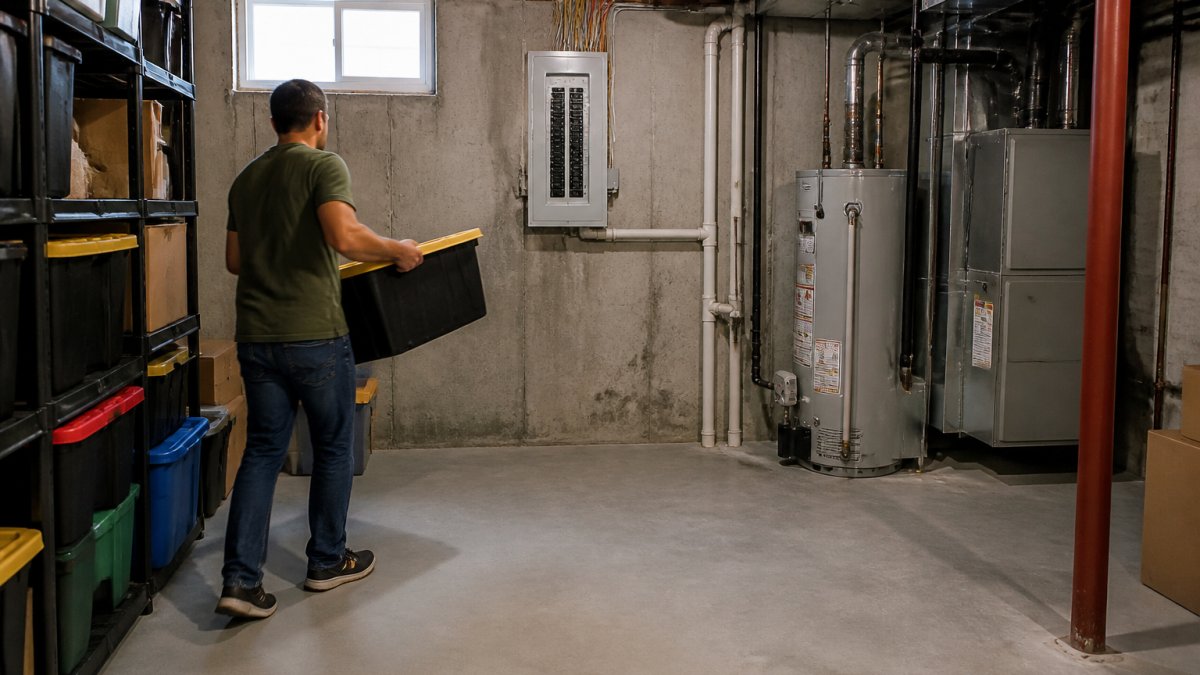 Homeowner clearing basement clutter to prepare for a schedule home inspection of the foundation and pipes.
