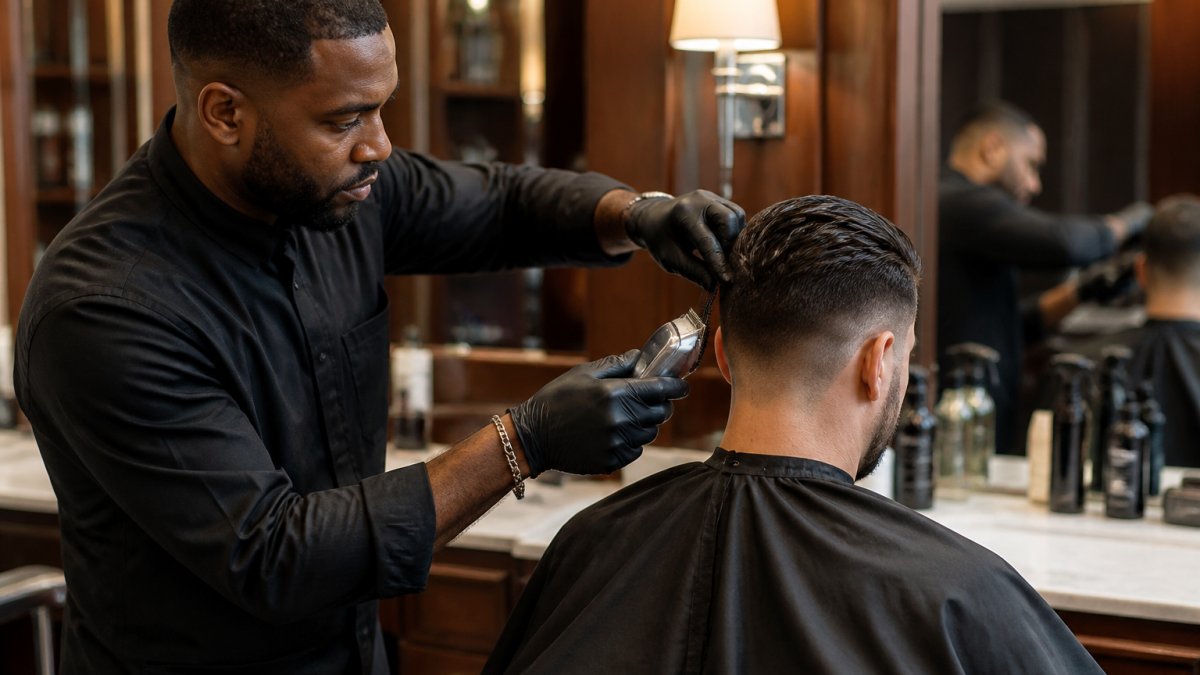 Barber using precision clippers and scissors to schedule a precision haircut in Maryland for a focused client