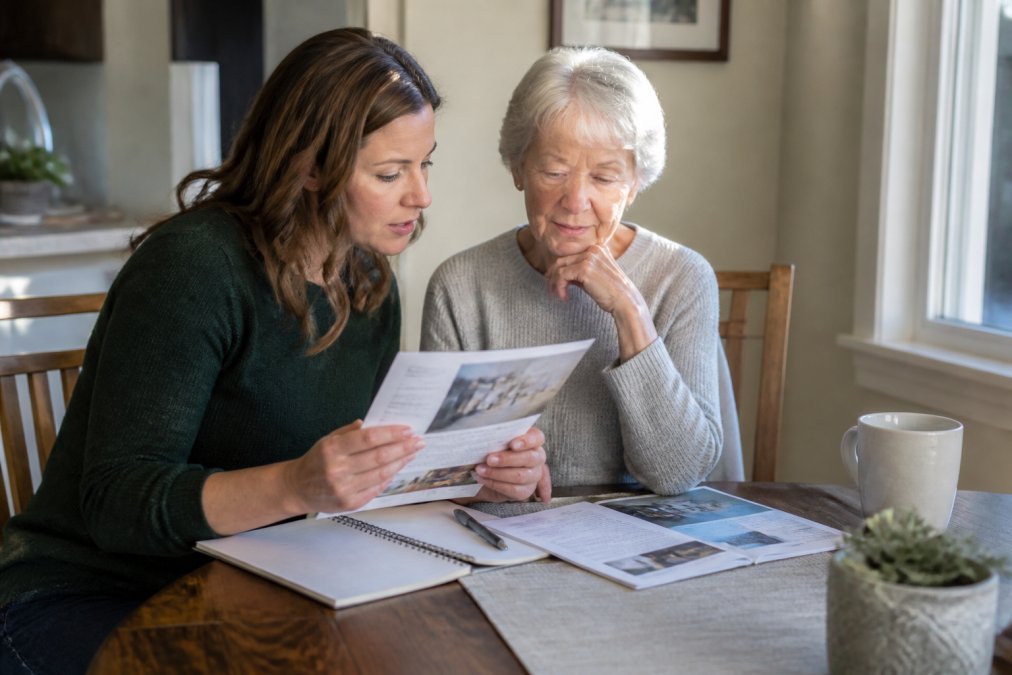 Adult child and senior family member sitting together at home at a wooden dining table, reviewing documents and printed facility information, with notebooks and pens visible, warm natural window lighting
