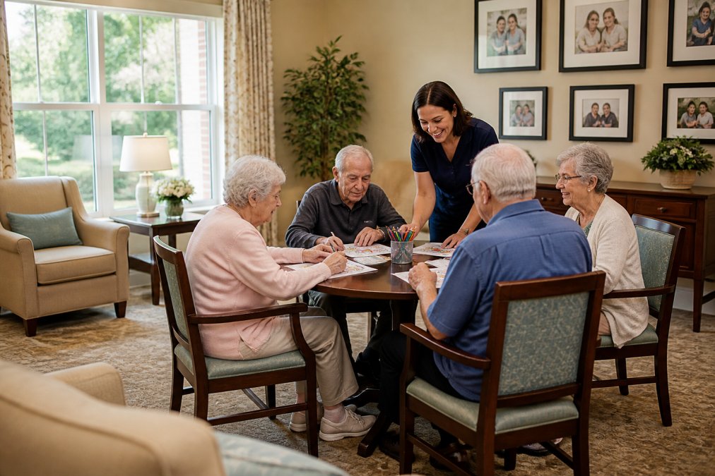 Memory care community common area with residents and caregiver engaged in a group activity, bright natural light from large windows, comfortable seating arrangements, warm décor with family photos on walls