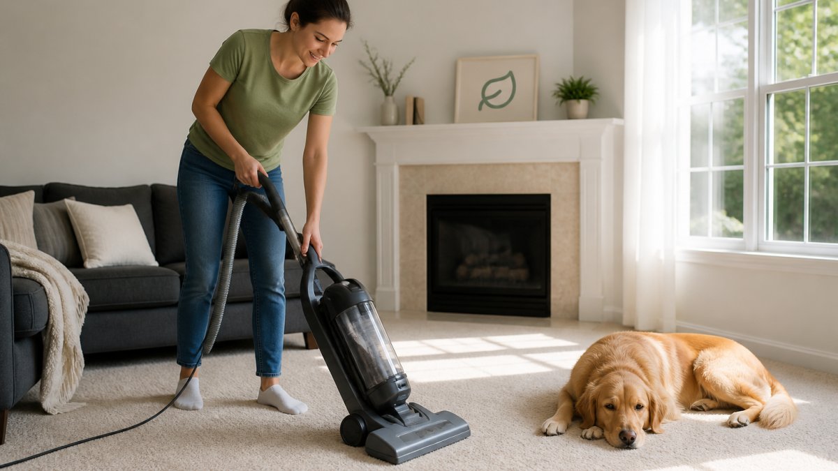 Homeowner vacuuming a bright, tidy living room to maintain carpet cleaning between professional visits.