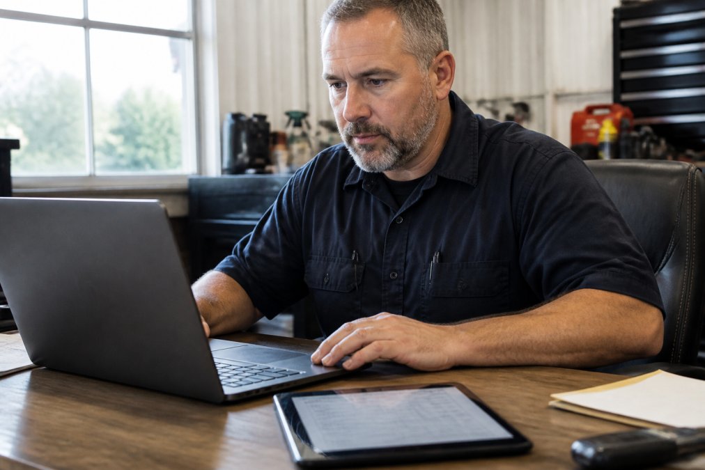 A fleet manager in a professional shop office reviewing a maintenance schedule on a laptop, with a tablet showing a digital checklist nearby, natural window lighting