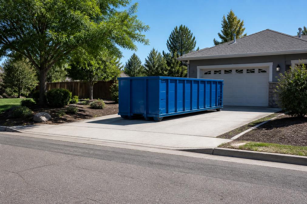Residential driveway with a properly positioned roll-off dumpster showing clear access from the street, level ground, and adequate space around the container for safe placement and removal