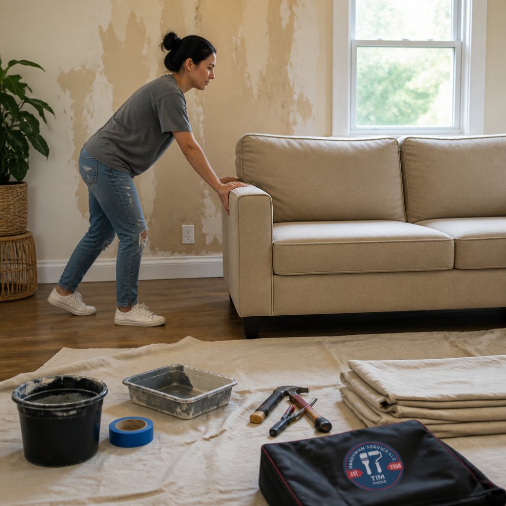 Homeowner clearing space and moving furniture before they schedule handyman service to repair peeling wall paint