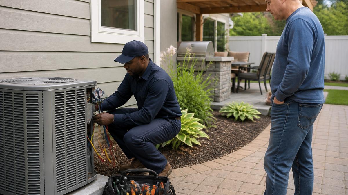 Professional HVAC technician in uniform inspecting an outdoor condensing unit while a homeowner watches from the residential home's patio
