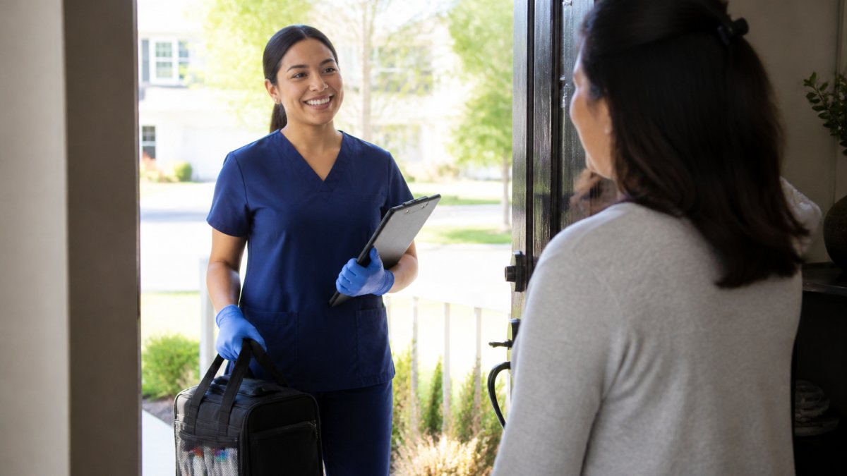 Professional phlebotomist in medical scrubs arriving at a patient's home with collection kit, greeting patient warmly at doorway with clipboard and confident demeanor