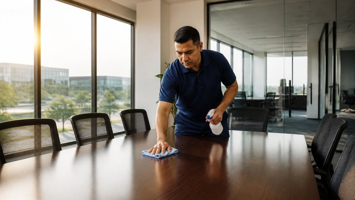 Infographic flowchart detailing daily, weekly, and monthly office cleaning tasks for a modern workspace
