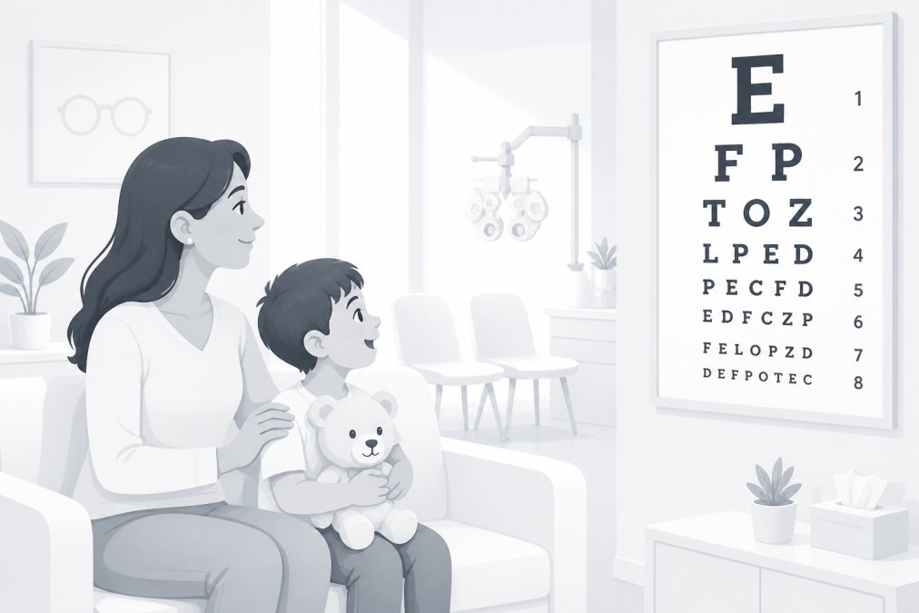 Parent and young child sitting together in a bright, welcoming optometry office waiting room with soft lighting, child looking at an eye chart on the wall with curiosity while holding a stuffed animal
