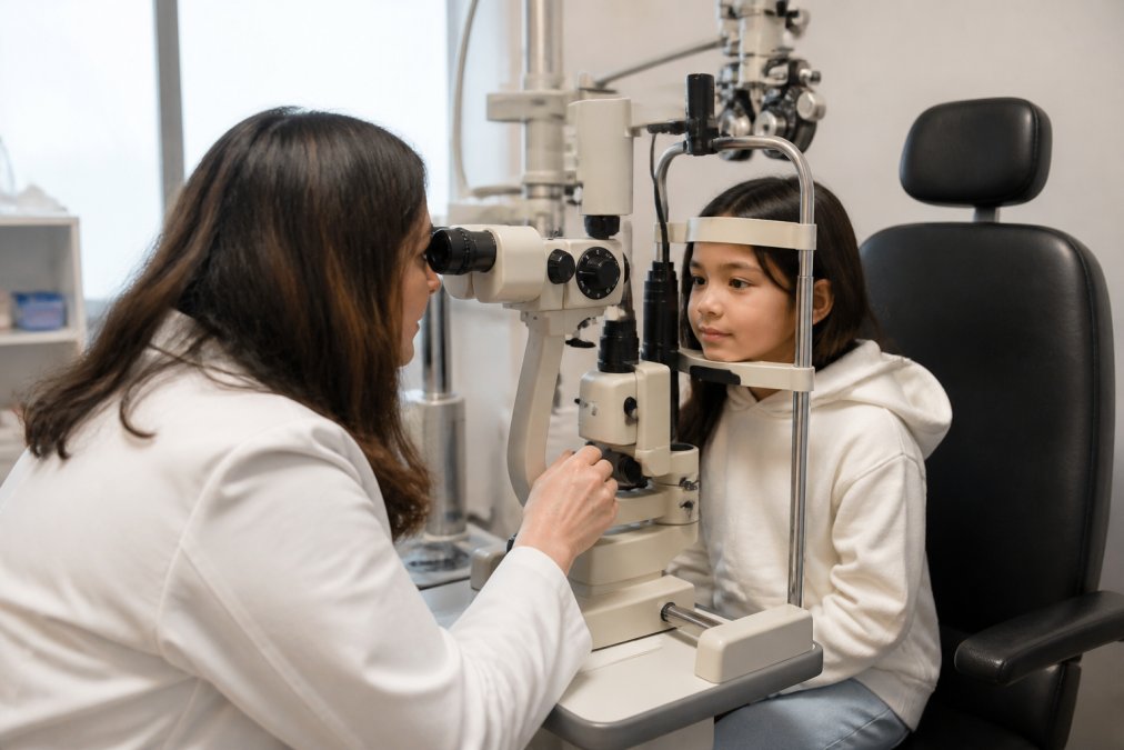 Pediatric optometrist gently examining a child's eyes using advanced diagnostic equipment while the child sits comfortably in an adjustable chair in a bright clinical room