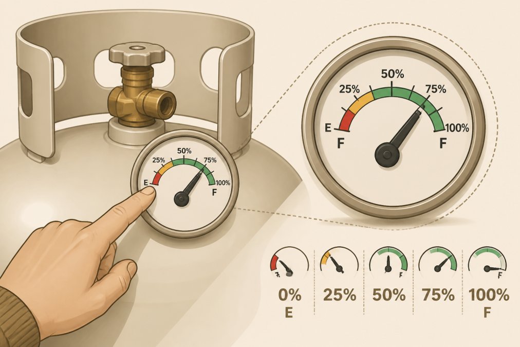 Close-up of a homeowner's hand pointing to a propane tank gauge on a residential tank, showing the float indicator and percentage markings clearly visible in daylight