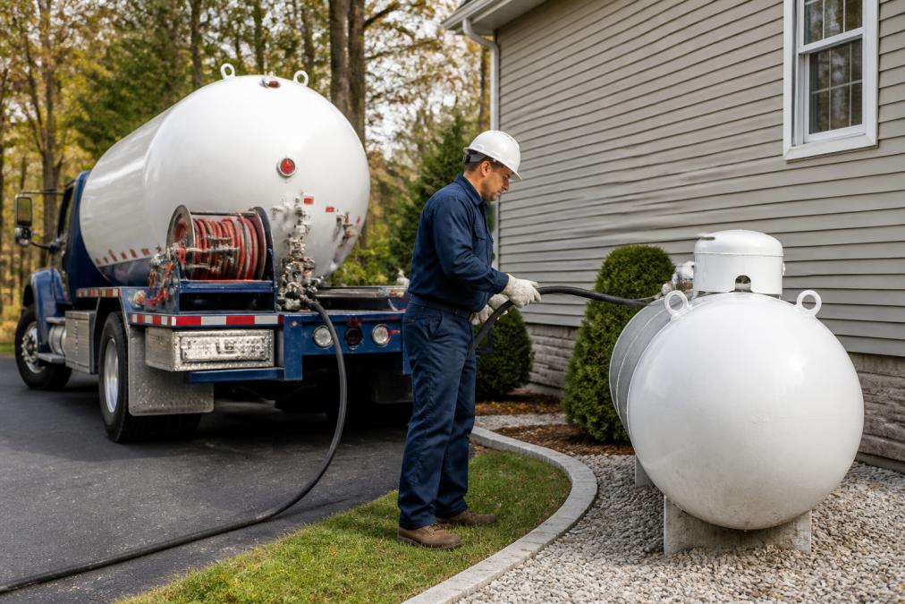 A propane delivery truck parked in a residential driveway with a technician in safety gear preparing to connect a delivery hose to a home's propane tank, with clear access and daylight visible