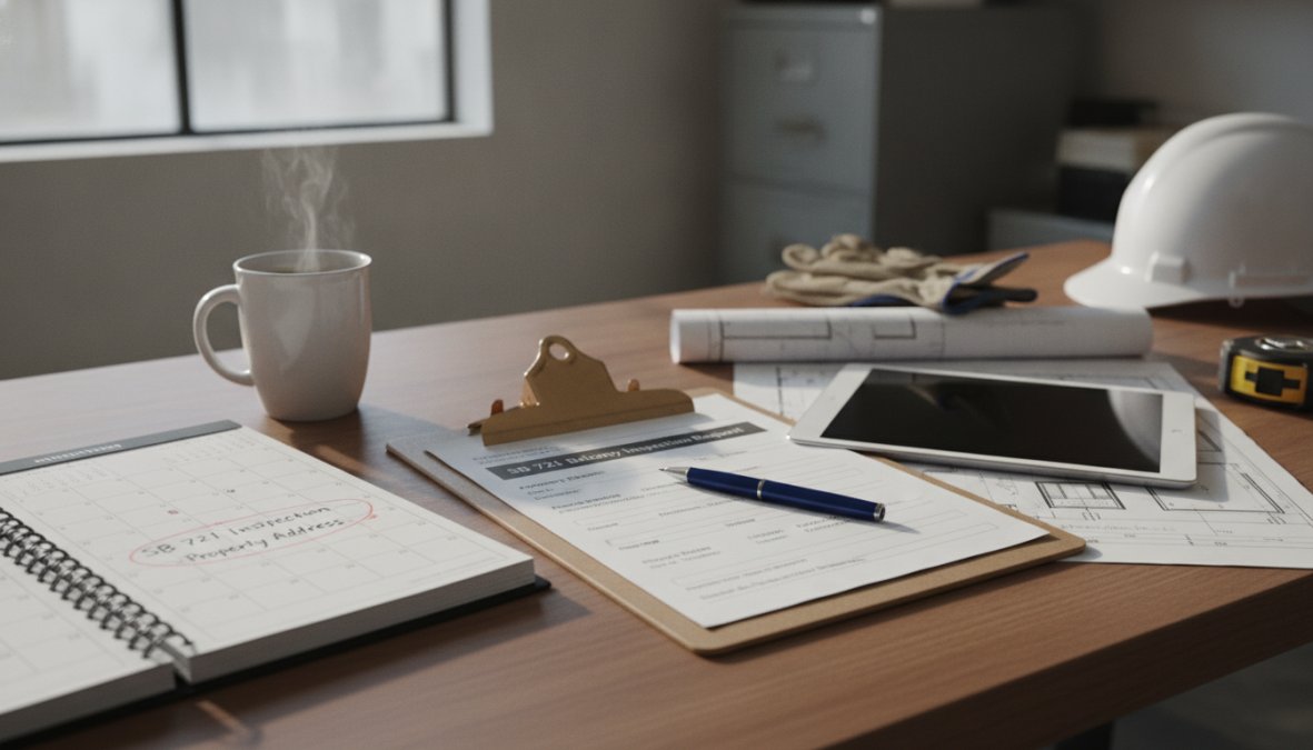 Property manager reviewing inspection calendar and scheduling documents at a desk with clipboard and building plans visible
