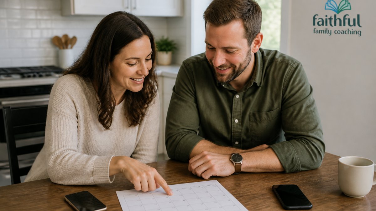 A married couple in their thirties sitting at a kitchen table with a shared paper calendar and two phones, one partner pointing at a day while both smile calmly
