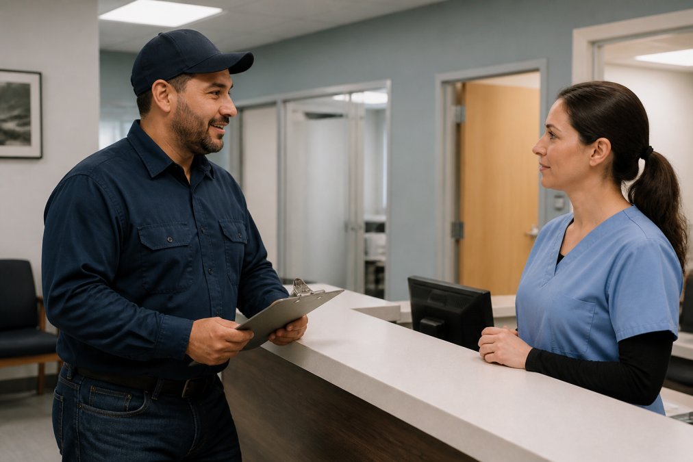 A professional truck driver holding a clipboard and speaking with a medical technician at a clean, modern clinic reception desk. The driver looks confident and prepared.