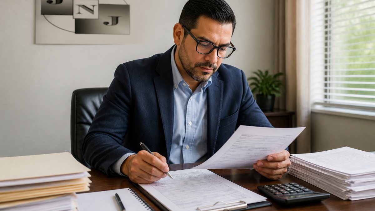 Professional landlord or property manager reviewing a completed rental application form at a desk with documents, pen, and calculator in natural office lighting