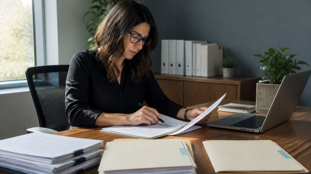 Professional property manager reviewing rental application documents at desk with pen, laptop, and organized file folders in modern office setting