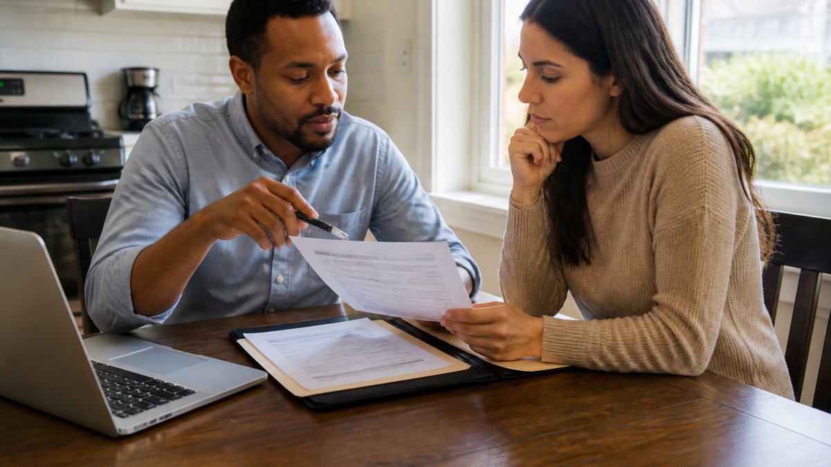 A landlord and prospective tenant seated at a kitchen table reviewing a printed rental application and checklist, with a laptop and folder of documents nearby, warm afternoon light through the window