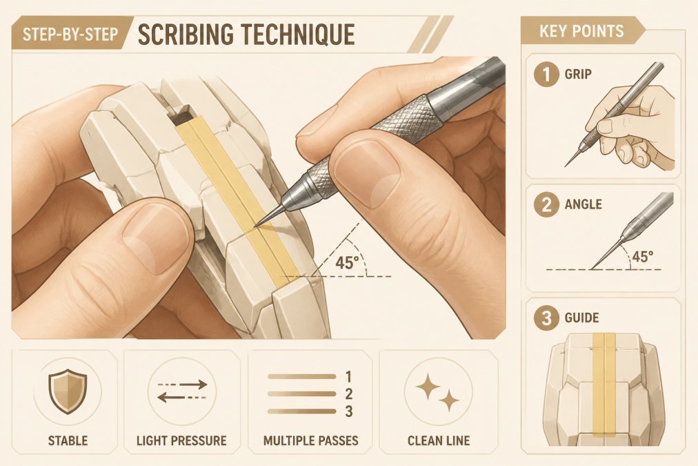 Close-up of modeler's hands demonstrating proper grip holding a scribing tool at 45-degree angle against a Gundam model kit, with guide tape clearly visible along the panel line and natural overhead lighting