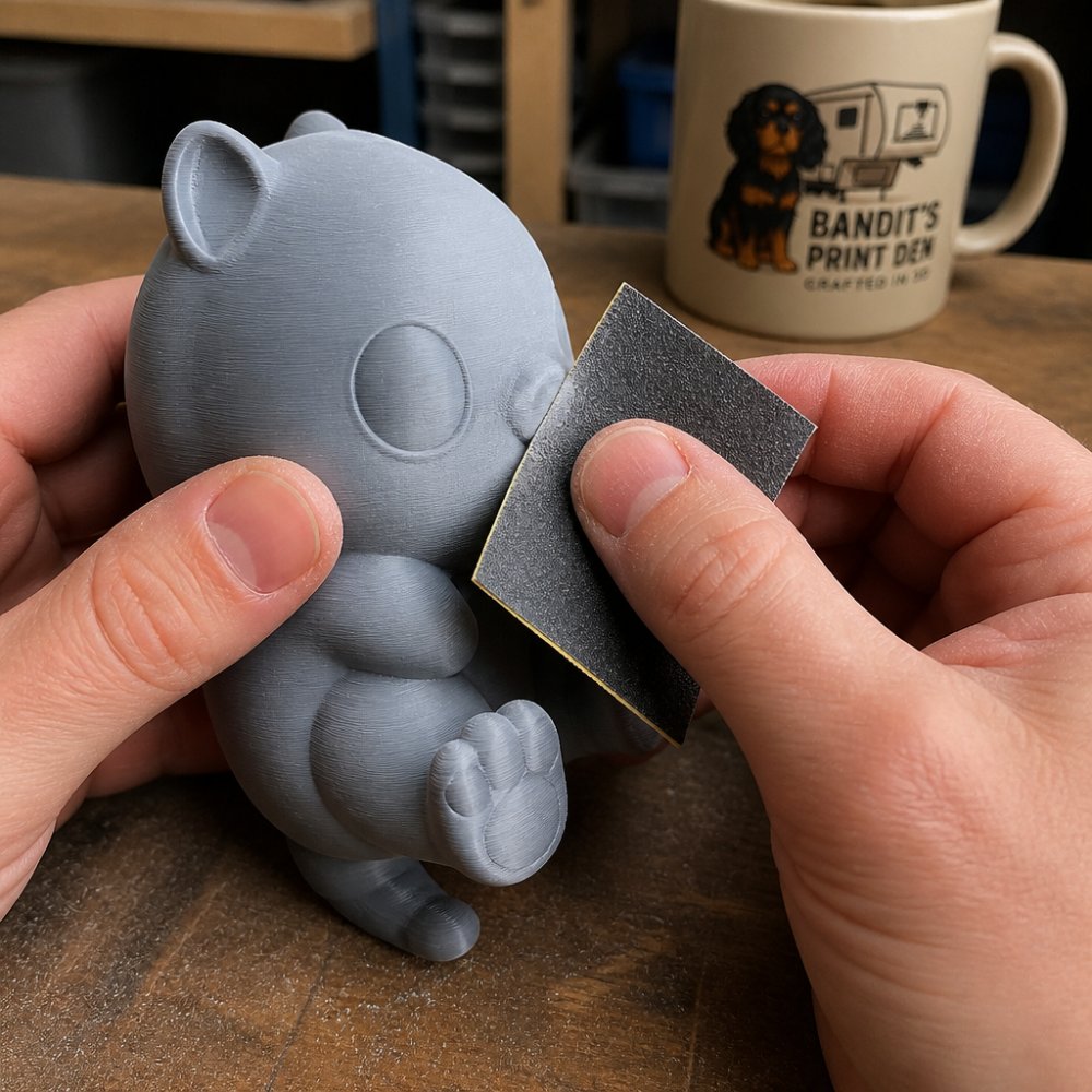 Close-up of hands sanding a 3D printed figure with fine-grit sandpaper, showing layer lines being smoothed on the surface under bright work light