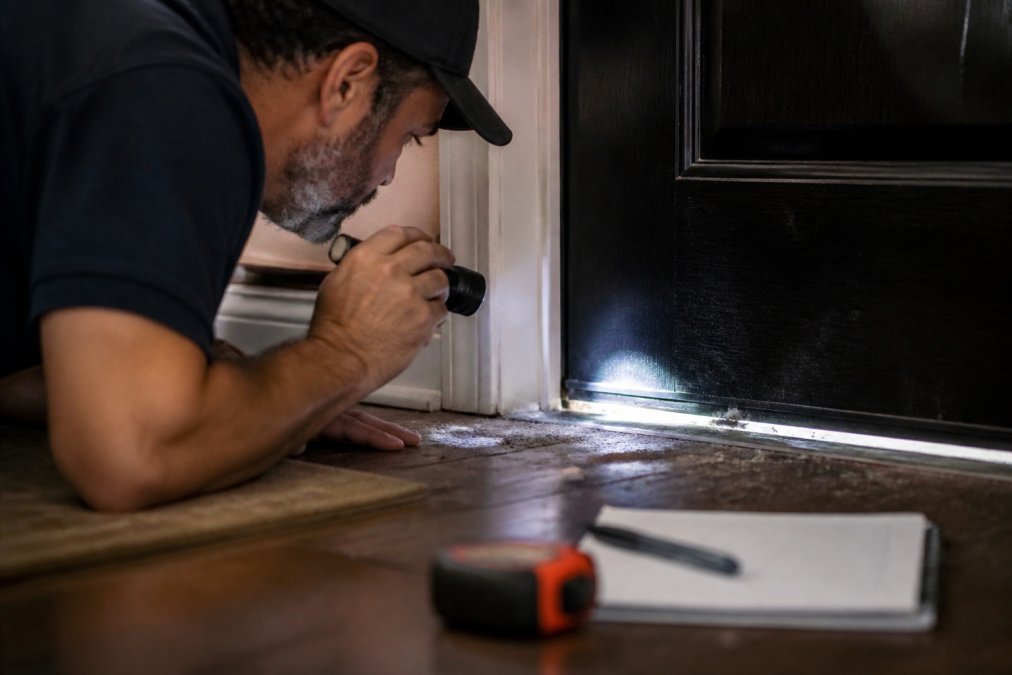 Close-up of person using flashlight to inspect gap between door frame and exterior door, revealing light penetration and visible dust accumulation along the bottom edge