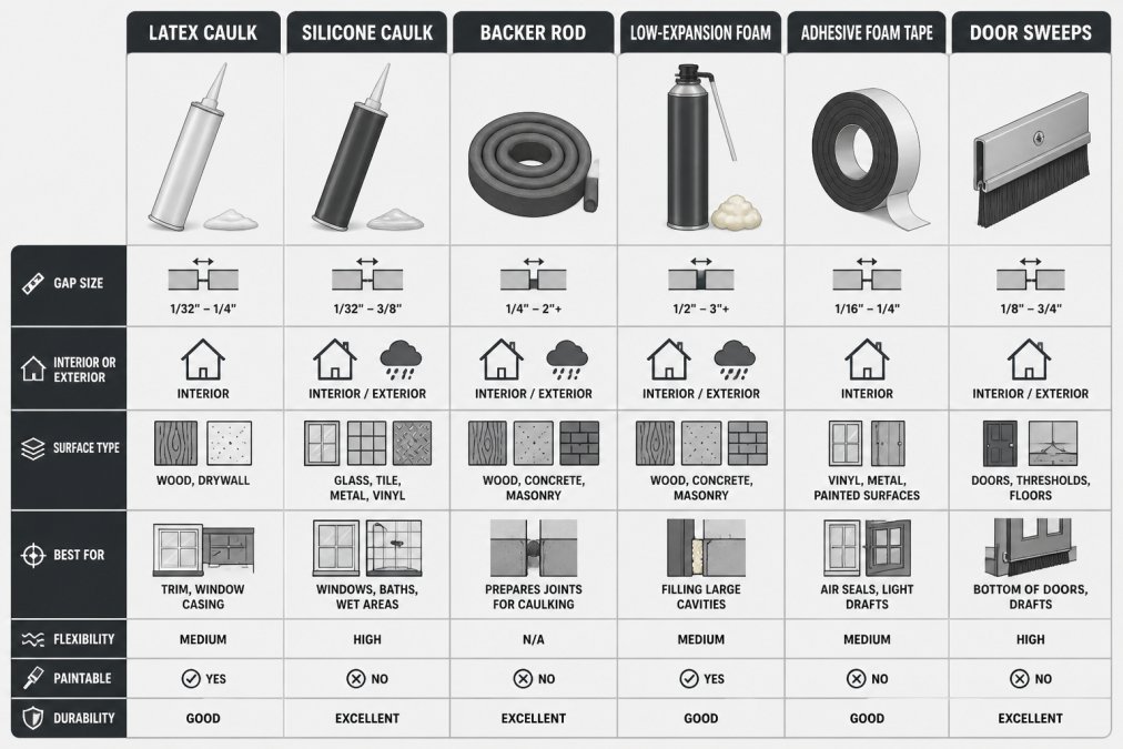 Decision matrix comparing latex caulk, silicone caulk, backer rod, low-expansion foam, adhesive foam tape, and door sweeps against gap size, interior or exterior use, and surface type for window and door repairs