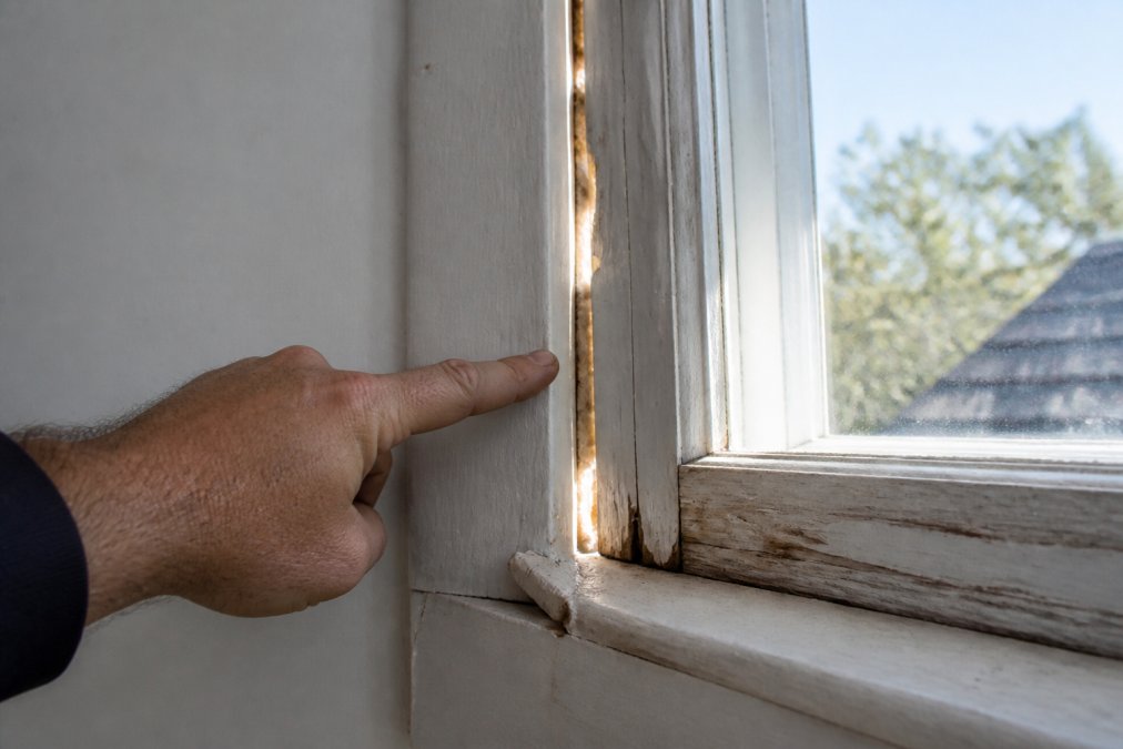 Close-up of a contractor's hand pointing to visible gaps and cracks around a window frame in an older home, with daylight streaming through the gaps, showing deteriorated caulk and wood trim