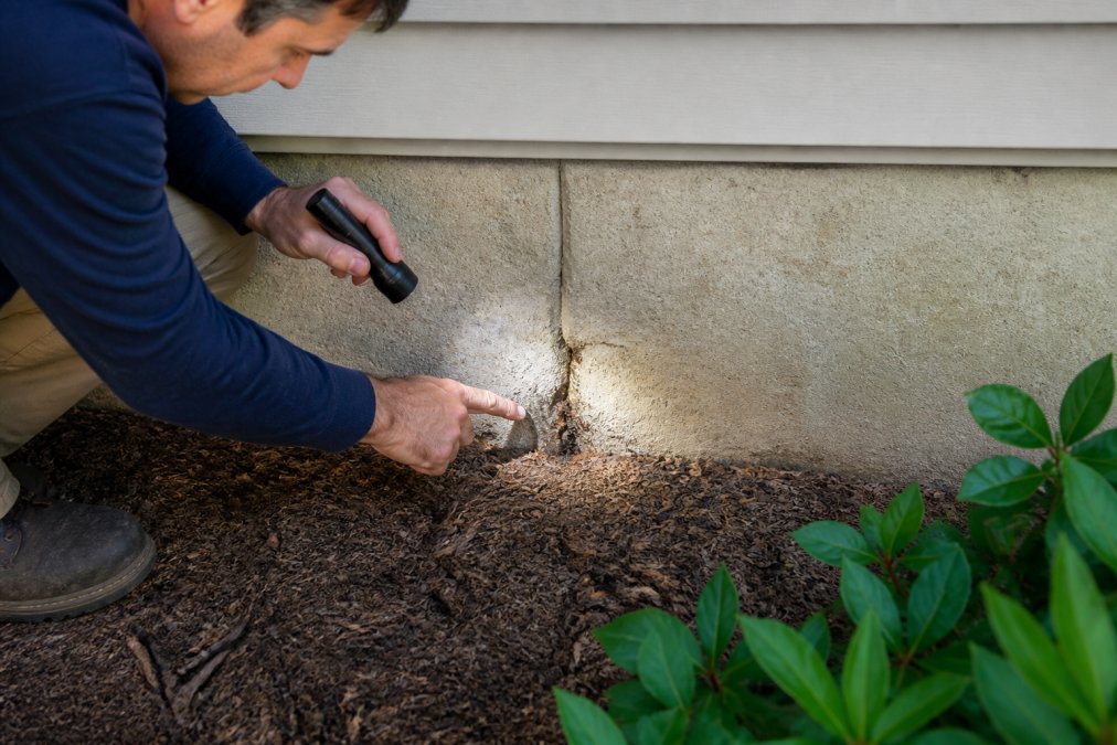 Homeowner using a flashlight to inspect a foundation crack where ants are visible entering, with hand pointing to the entry point in natural daylight