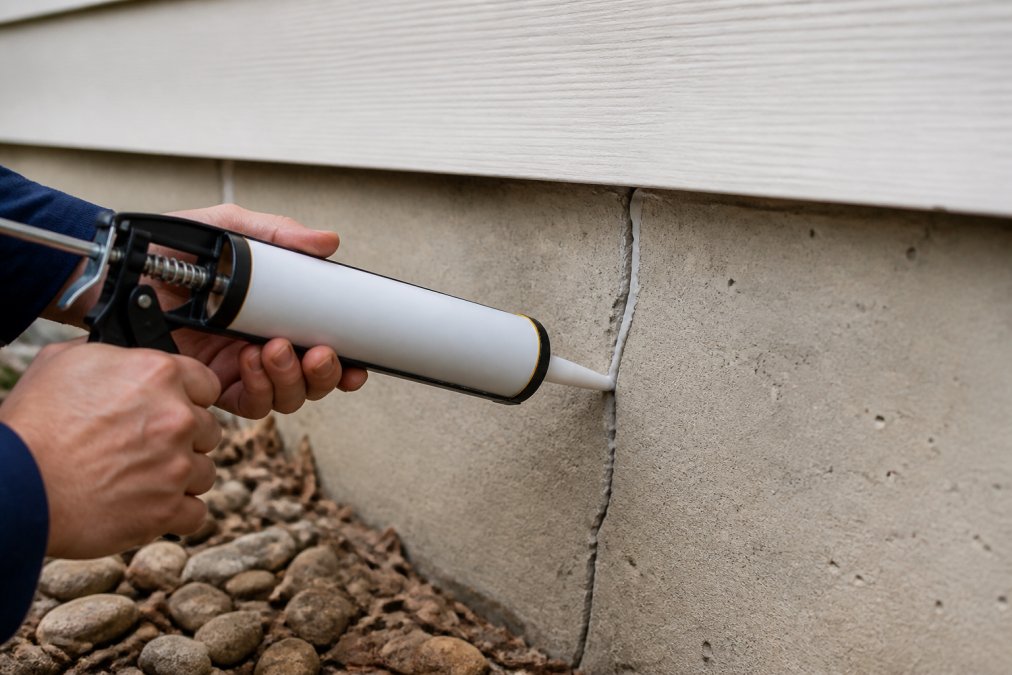 Hands applying silicone-based caulk into a foundation crack using a caulking gun, showing proper 45-degree angle and smooth technique in natural daylight