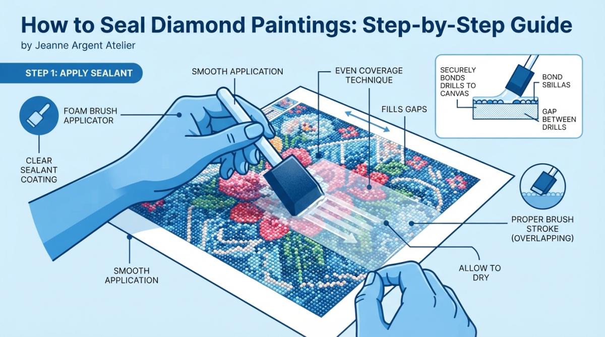 Close-up of hands applying clear sealant with a foam brush to a completed diamond painting canvas, showing proper brush technique and even coverage