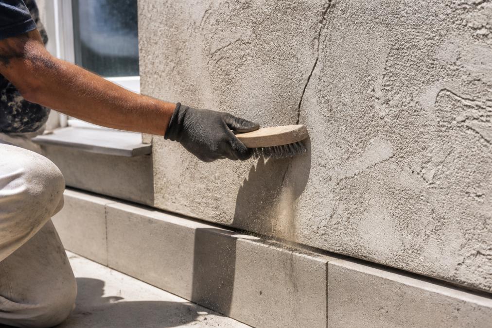 Professional painter's hand using a wire brush to clean exterior cracks on stucco wall, with dust and loose material being removed in bright daylight